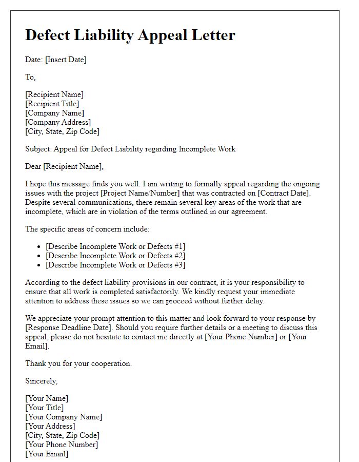 Letter template of defect liability appeal for incomplete work.