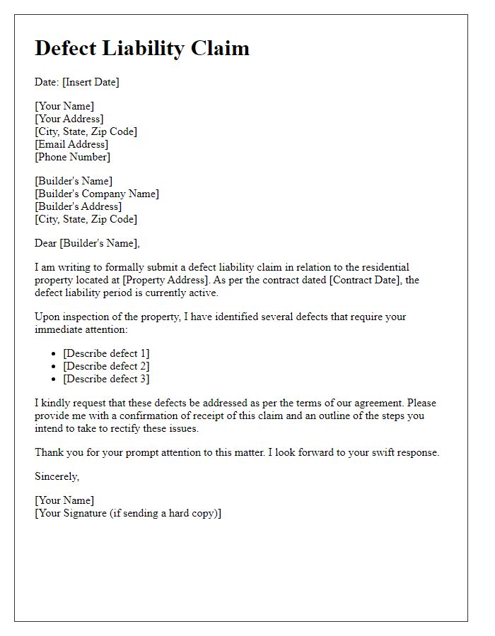 Letter template of defect liability claim for residential property.