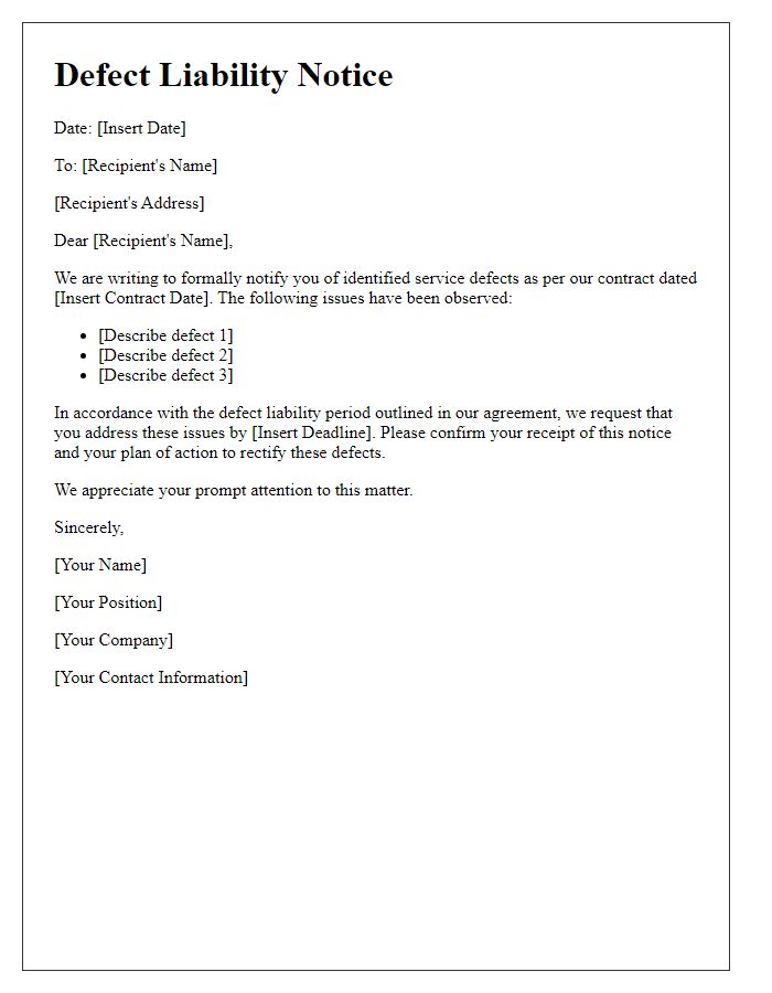 Letter template of defect liability communication for service defects.