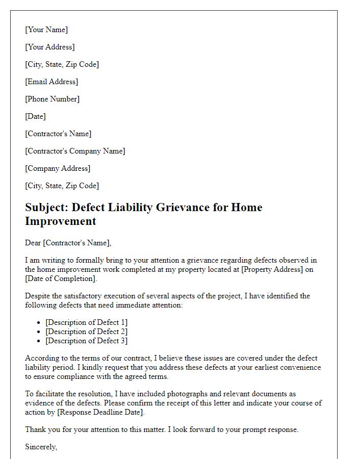 Letter template of defect liability grievance for home improvement.