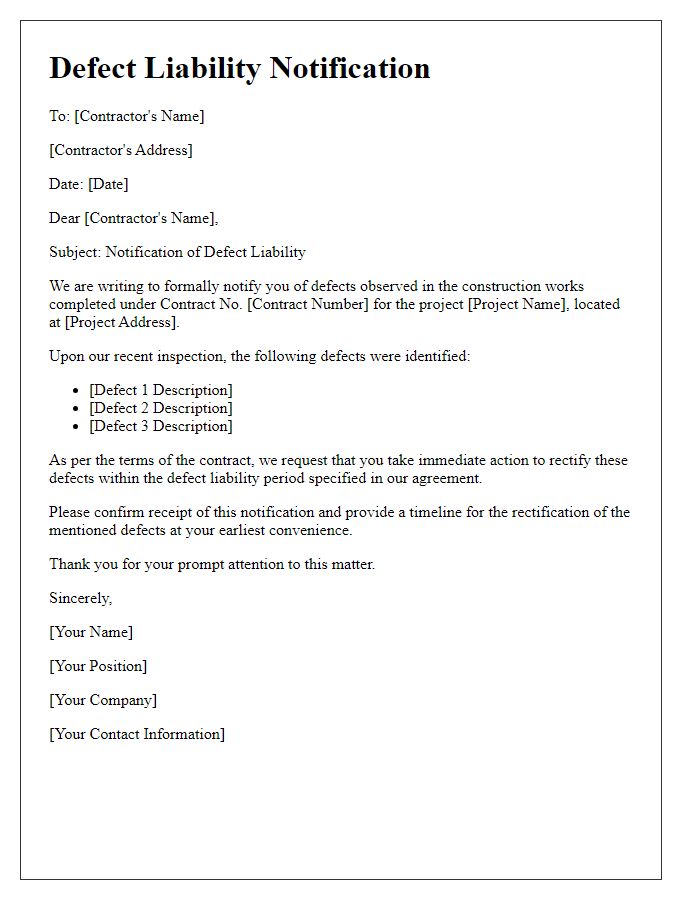 Letter template of defect liability notification for construction project.