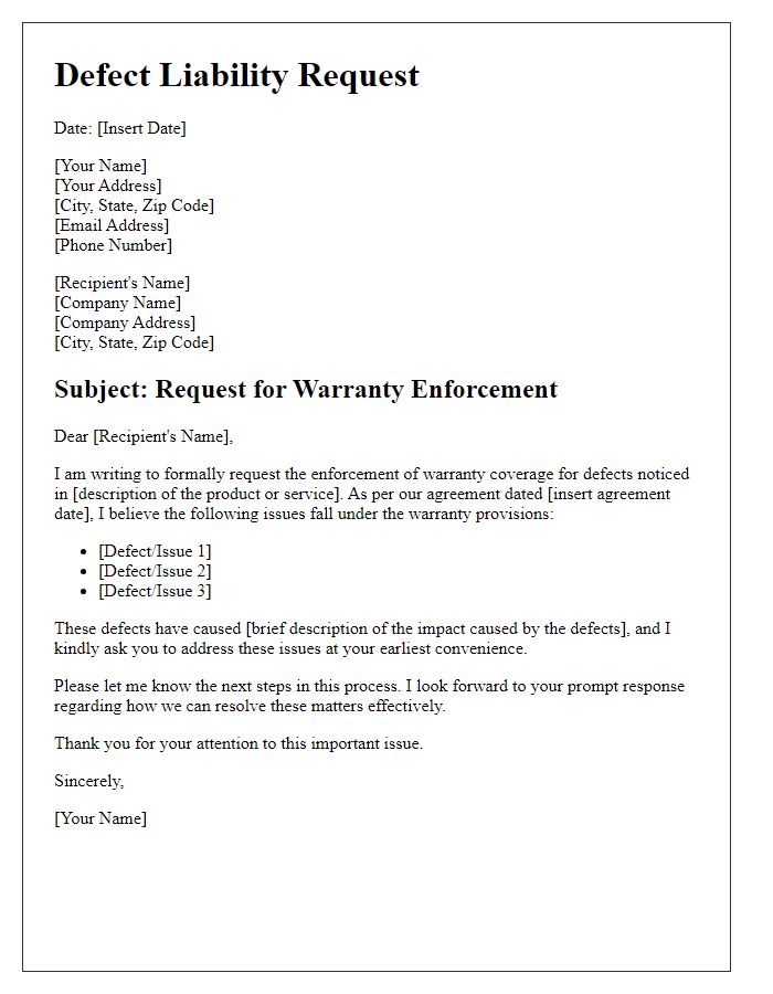 Letter template of defect liability request for warranty enforcement.