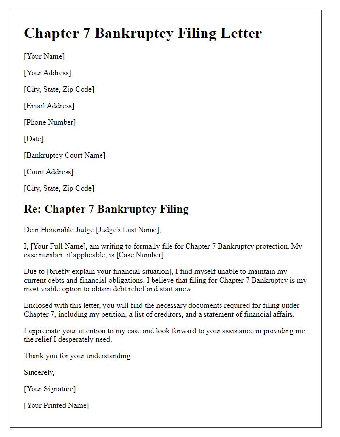 Letter template of Chapter 7 Bankruptcy Filing