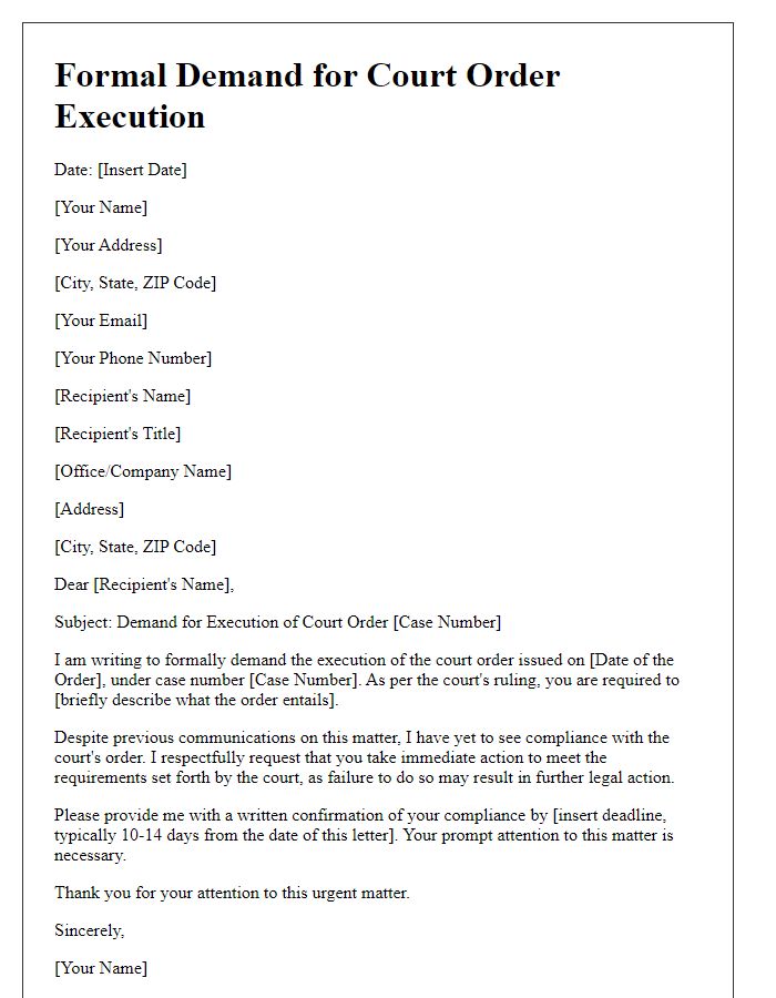 Letter template of formal demand for court order execution