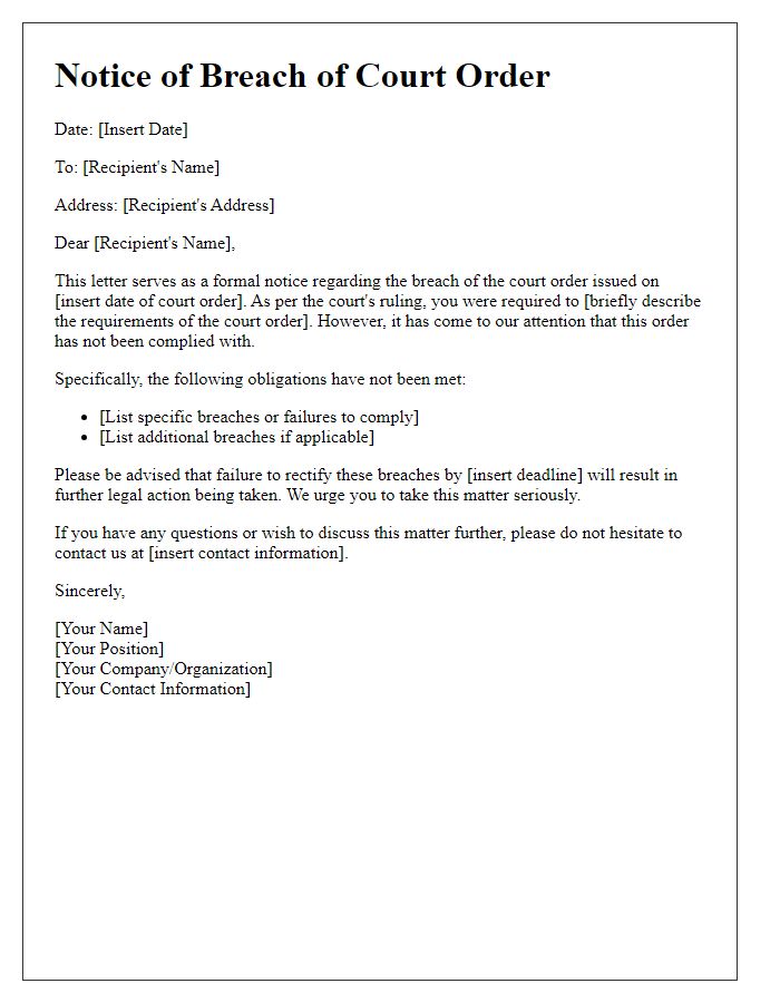 Letter template of notice for breach of court order