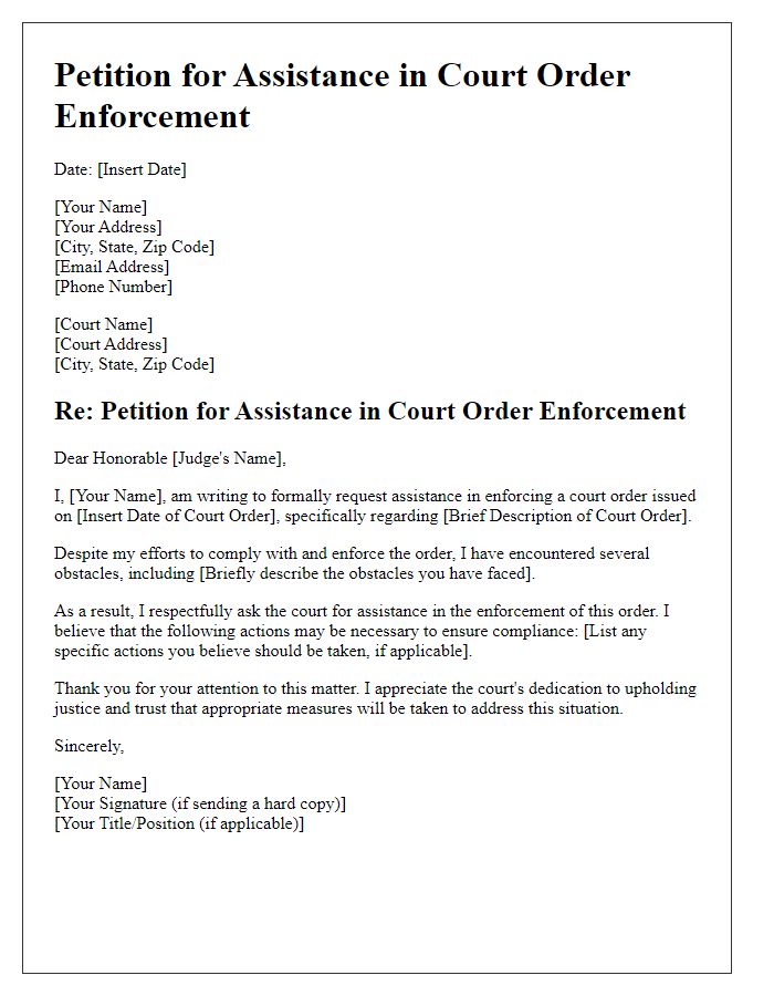 Letter template of petition for assistance in court order enforcement