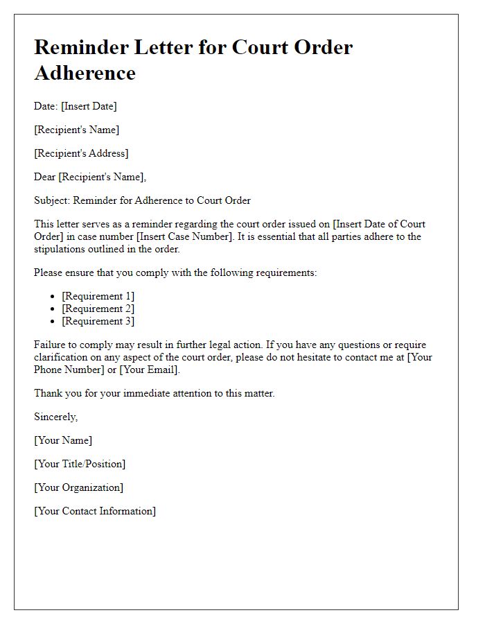 Letter template of reminder for court order adherence