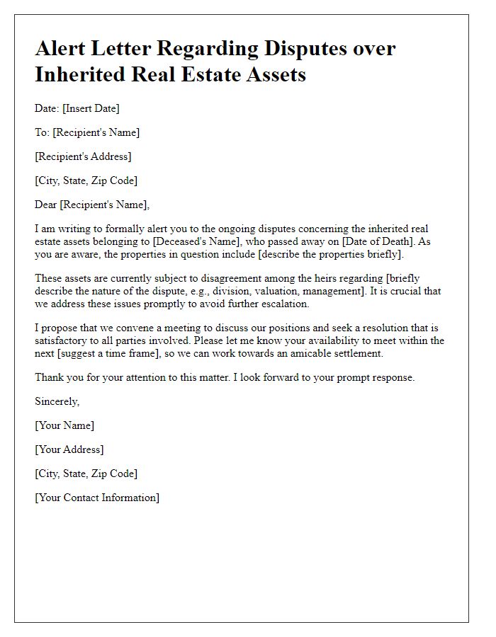 Letter template of alert for disputes over inherited real estate assets.