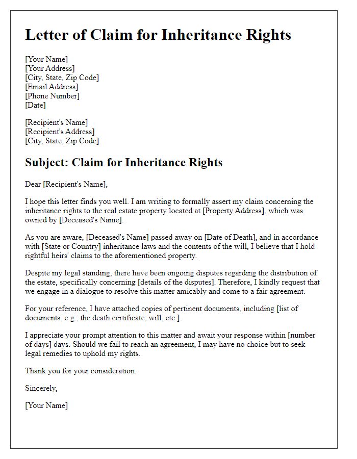 Letter template of claim for real estate inheritance rights dispute.