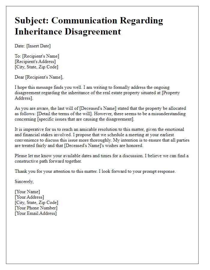 Letter template of communication for real estate inheritance disagreement.