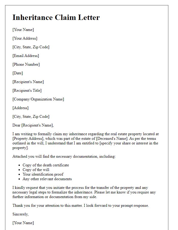 Letter template of correspondence for real estate inheritance claims.