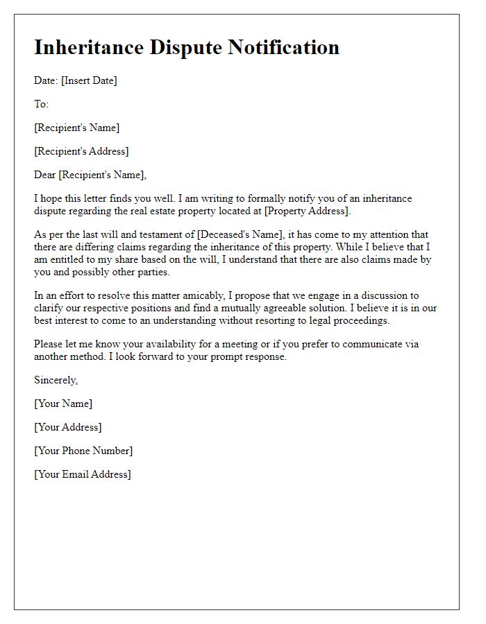 Letter template of inheritance dispute notification for real estate property.