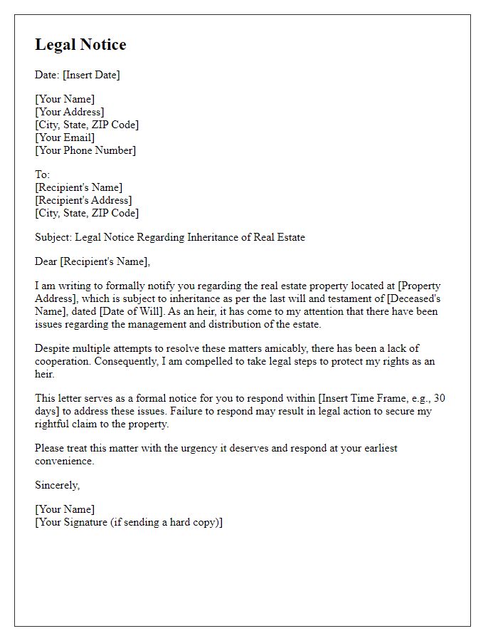 Letter template of legal notice for real estate inheritance issues.