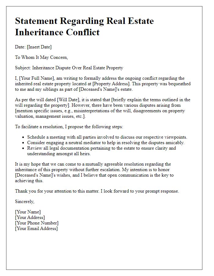 Letter template of statement addressing real estate inheritance conflict.