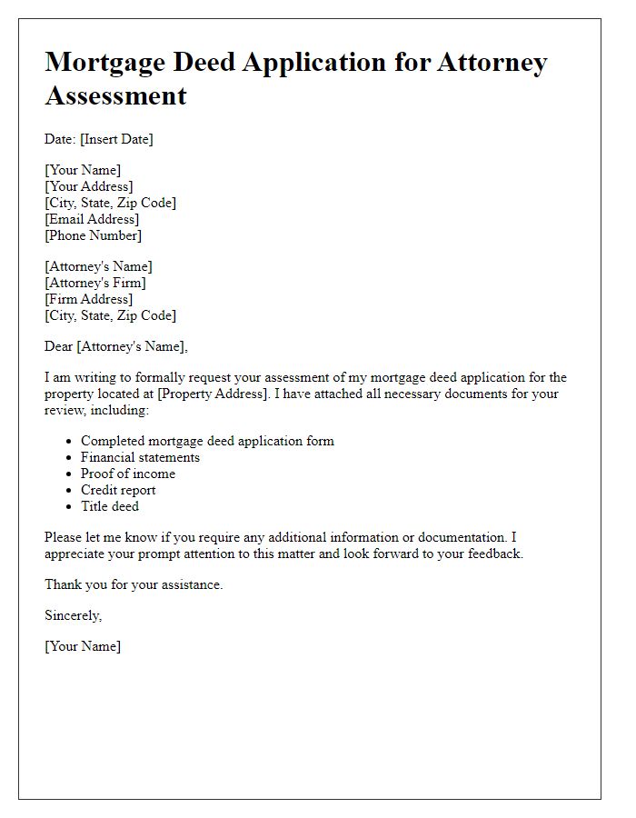 Letter template of mortgage deed application for attorney assessment