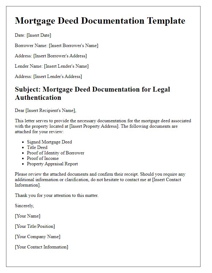 Letter template of mortgage deed documentation for legal authentication