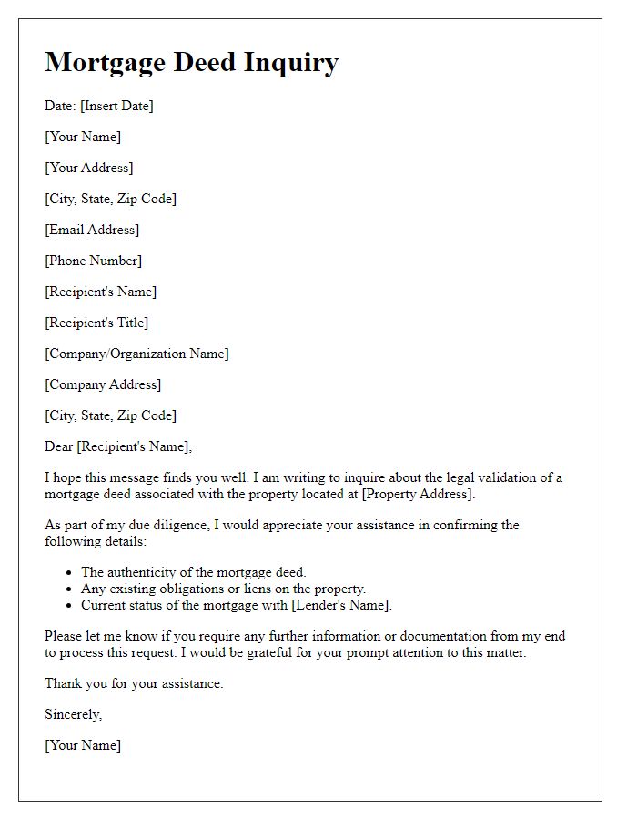 Letter template of mortgage deed inquiry for legal validation