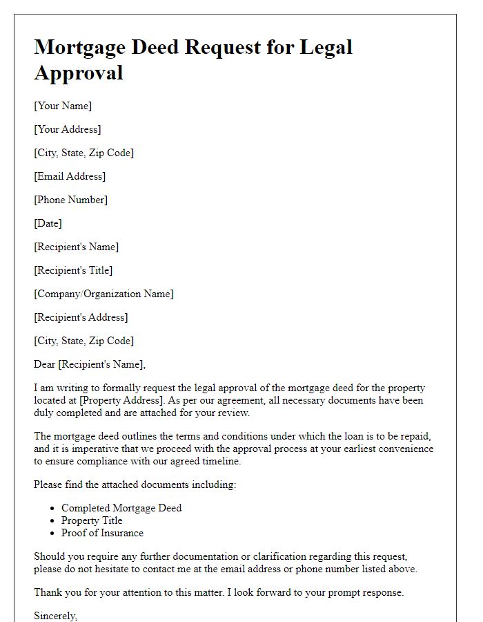 Letter template of mortgage deed request for legal approval