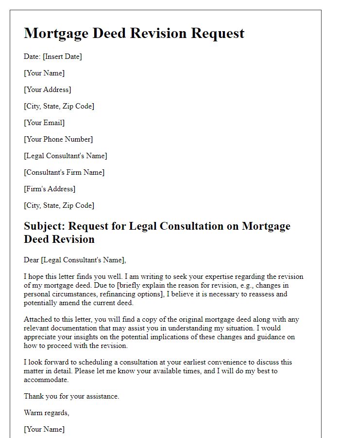 Letter template of mortgage deed revision for legal consultation