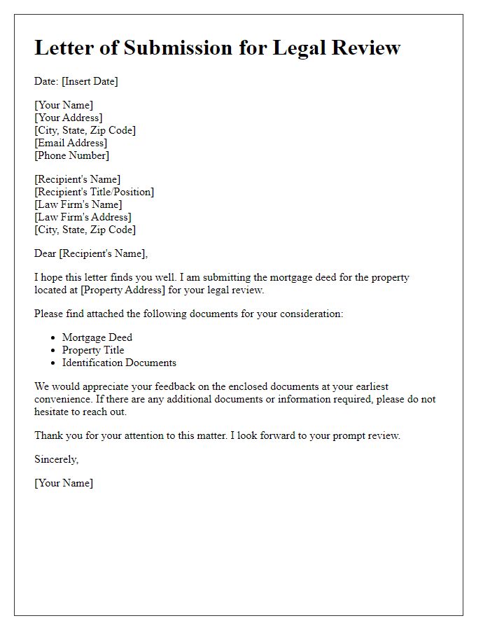 Letter template of mortgage deed submission for legal review