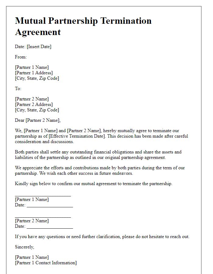 Letter template of mutual partnership termination agreement