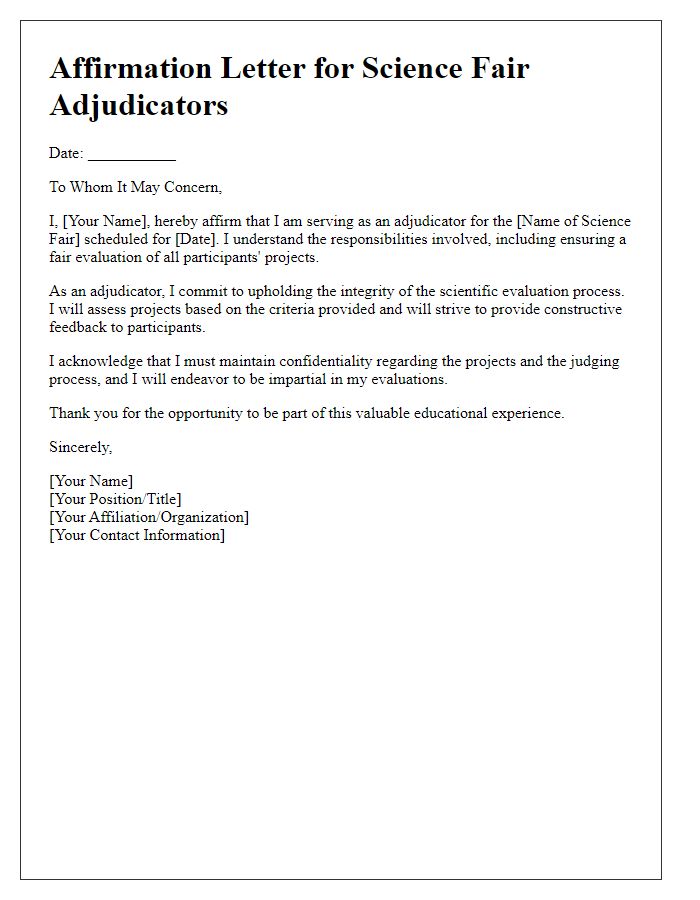 Letter template of affirmation for science fair adjudicators