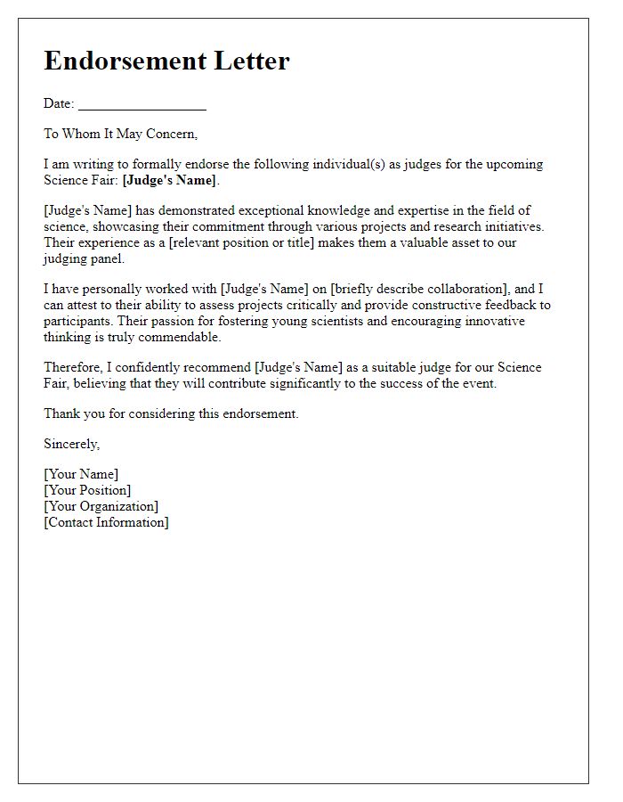 Letter template of endorsement for science fair judges