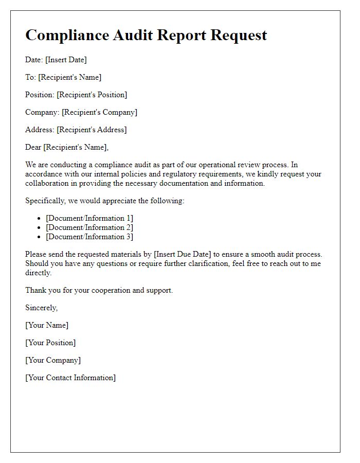 Letter template of compliance audit report request for operational review.