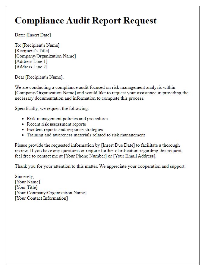 Letter template of compliance audit report request for risk management analysis.