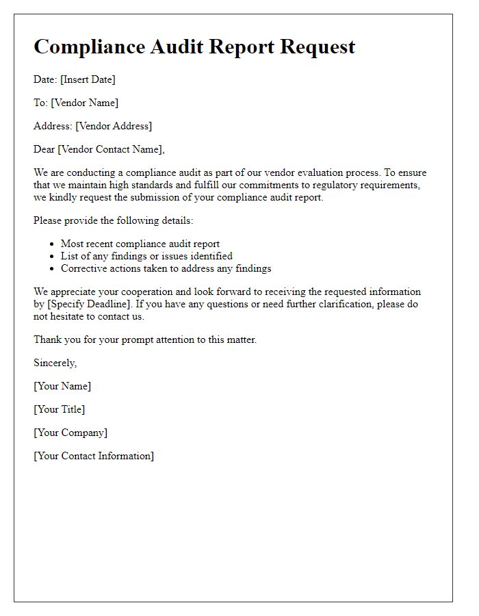 Letter template of compliance audit report request for vendor evaluation.