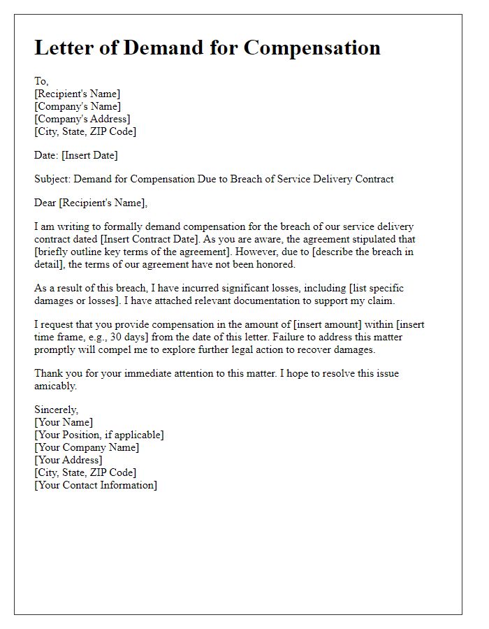 Letter template of demand for compensation due to service delivery contract breach