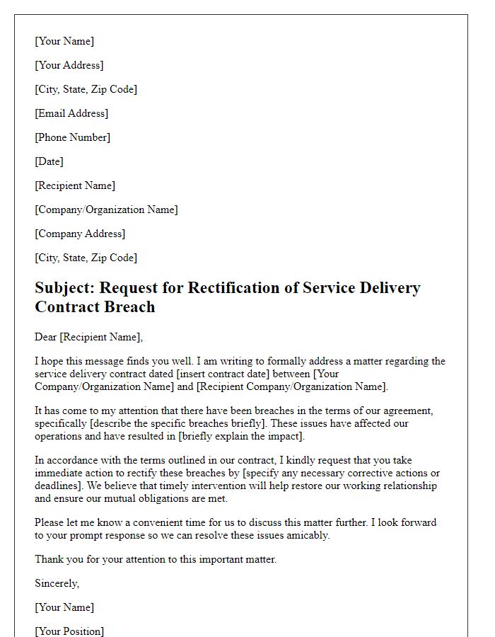 Letter template of request for rectification of service delivery contract breach