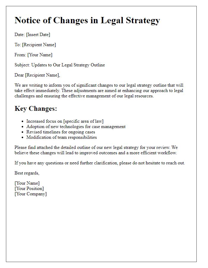 Letter template of changes in our legal strategy outline