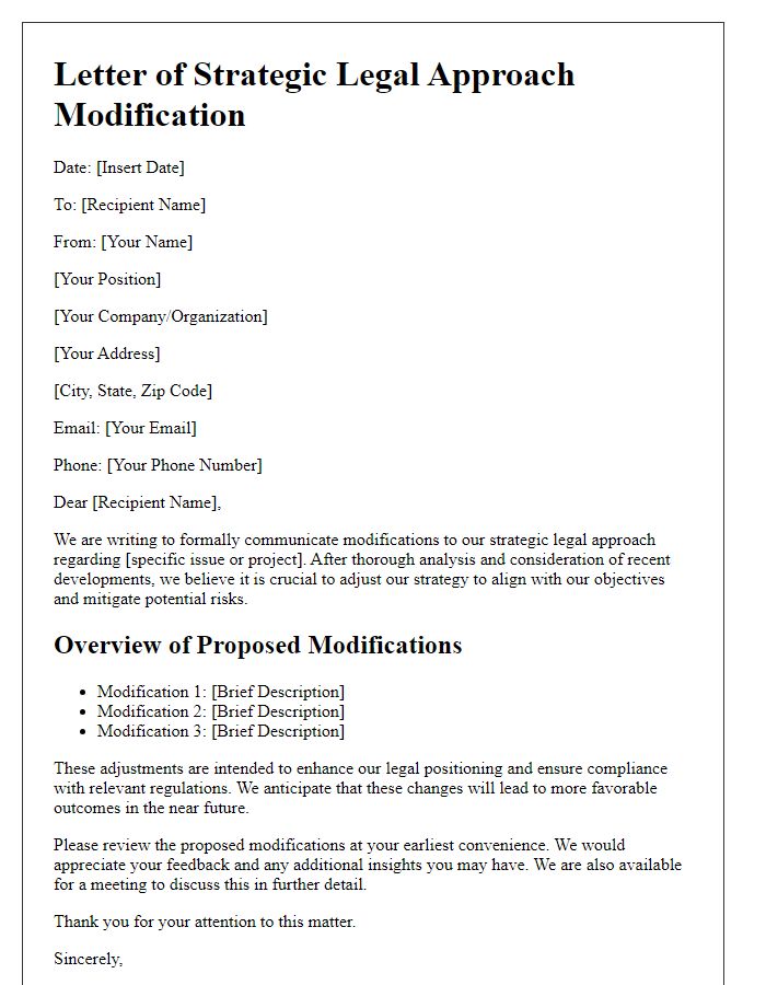 Letter template of strategic legal approach modification