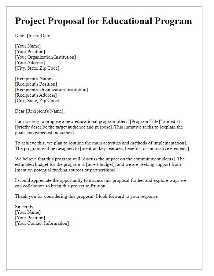 Letter template of project proposal for educational program