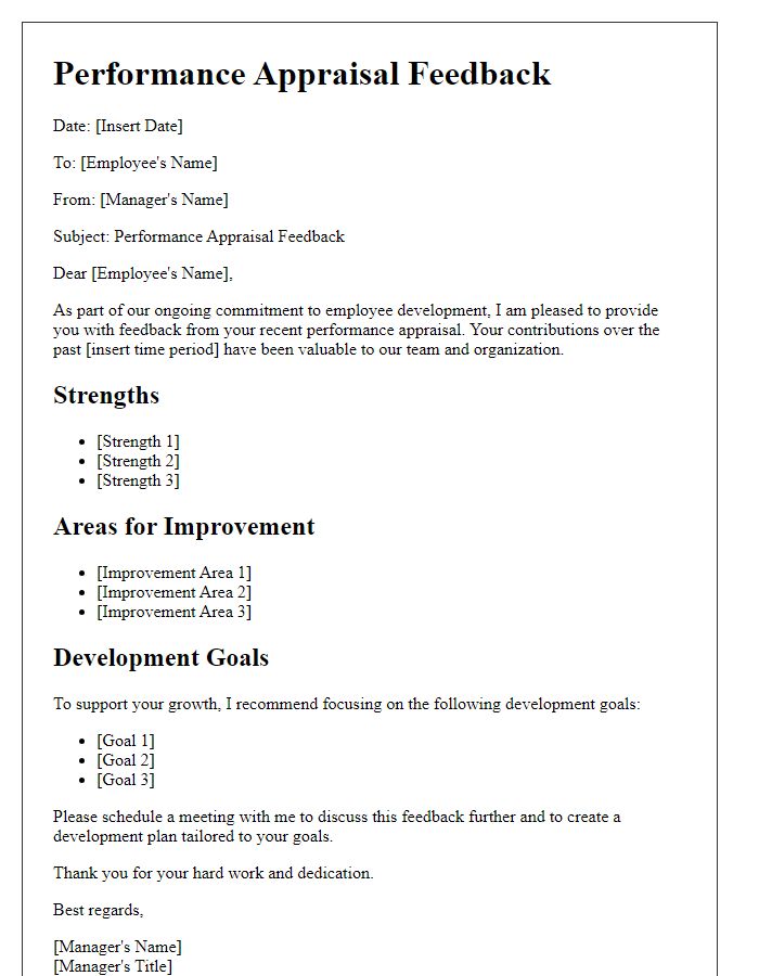 Letter template of performance appraisal feedback for employee development.