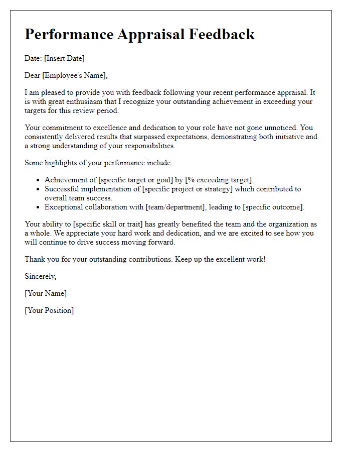 Letter template of performance appraisal feedback for exceeding targets.