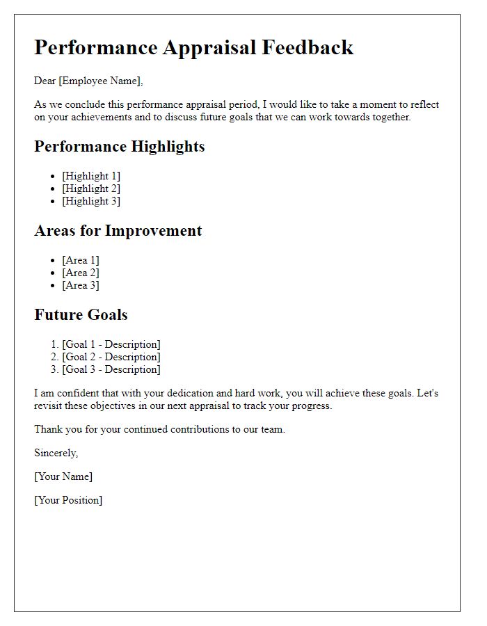 Letter template of performance appraisal feedback for future goals.