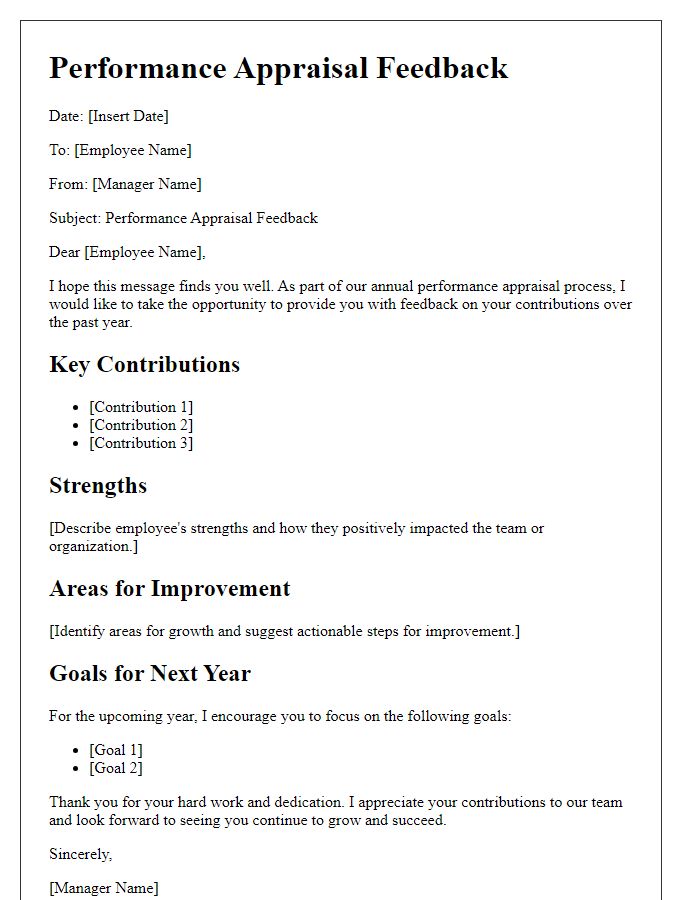 Letter template of performance appraisal feedback for individual contributions.