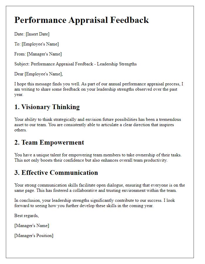 Letter template of performance appraisal feedback for leadership strengths.