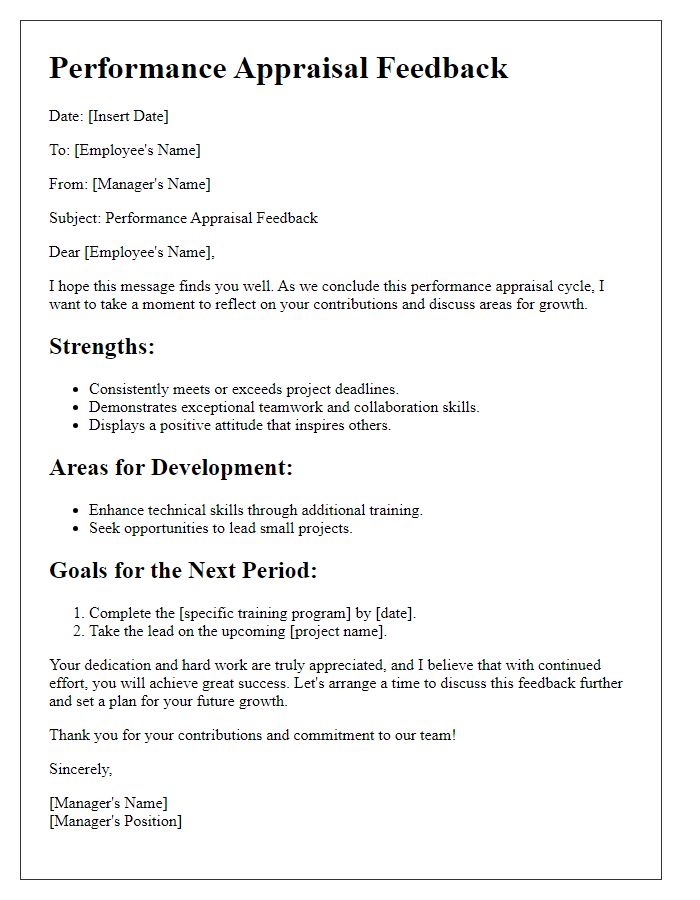 Letter template of performance appraisal feedback for motivation and engagement.