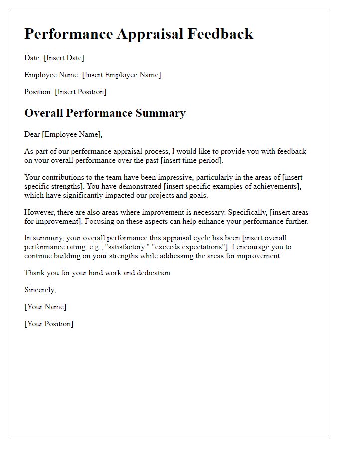 Letter template of performance appraisal feedback for overall performance summary.