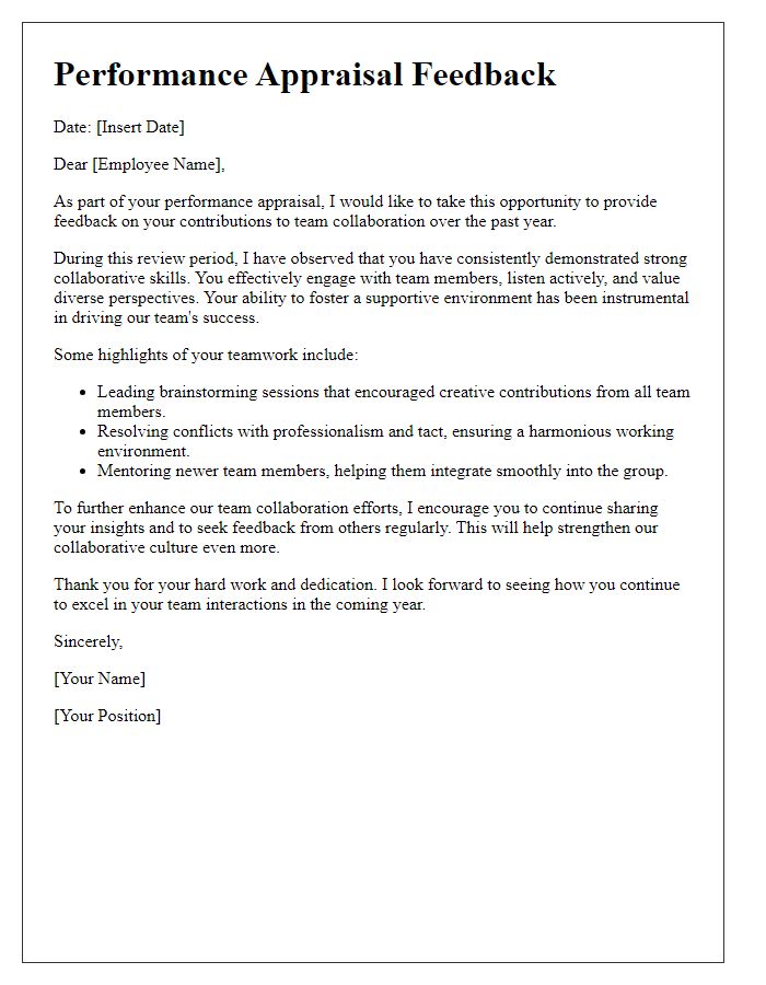 Letter template of performance appraisal feedback for team collaboration.