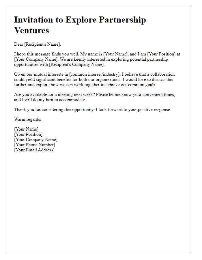 Letter template of Invitation to Explore Partnership Ventures