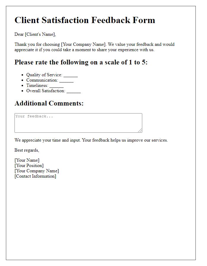 Letter template of client satisfaction feedback form