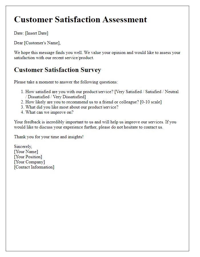 Letter template of customer satisfaction assessment