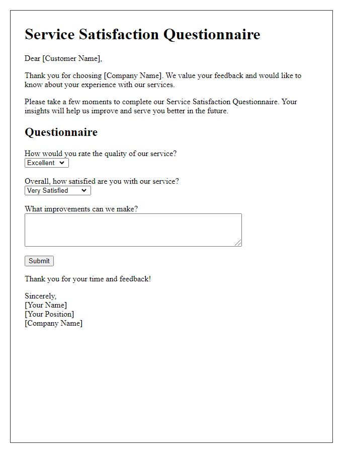 Letter template of service satisfaction questionnaire