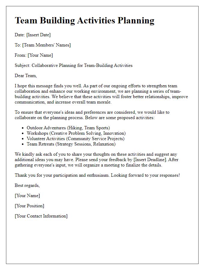 Letter template of collaborative planning for team-building activities