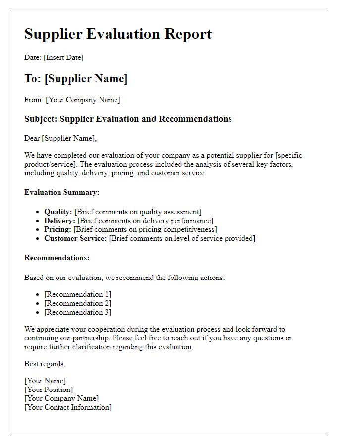 Letter template of supplier evaluation and recommendations