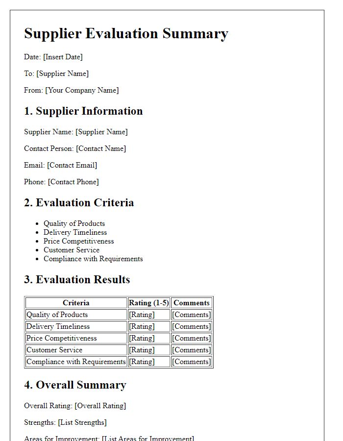 Letter template of supplier evaluation summary